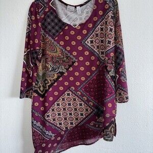 Kim Rogers Asymmetrical Tunic Blouse Womens Multi Paisley 3/4 Sleeve Top Size L